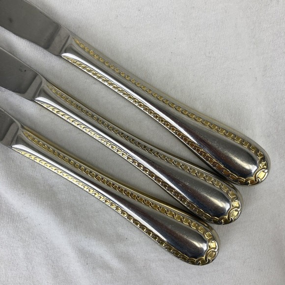 3 Retroneu GOLD ACCENT Chain 9 1/2” Dinner Knife 18/8 Korea Stainless Pre owned - Picture 2 of 6